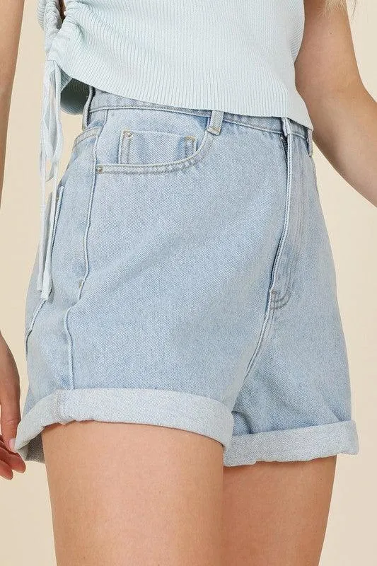 Womens Mid Blue Roll Up Denim Shorts