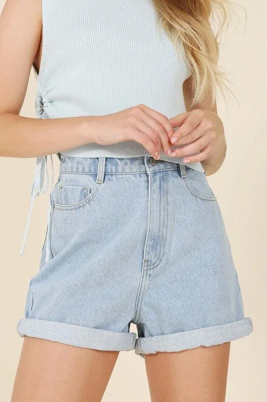 Womens Mid Blue Roll Up Denim Shorts