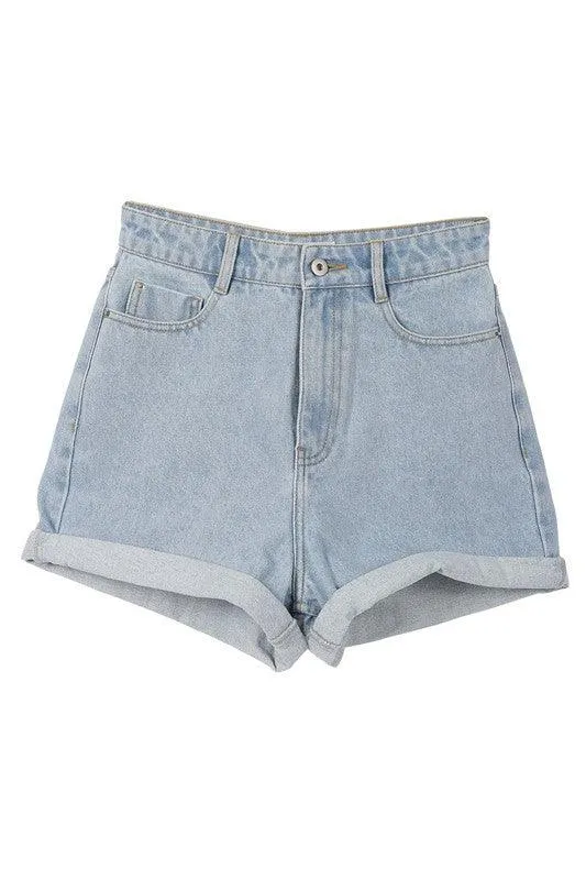 Womens Mid Blue Roll Up Denim Shorts