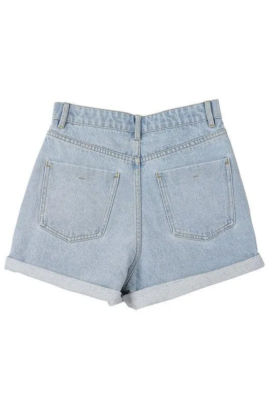 Womens Mid Blue Roll Up Denim Shorts