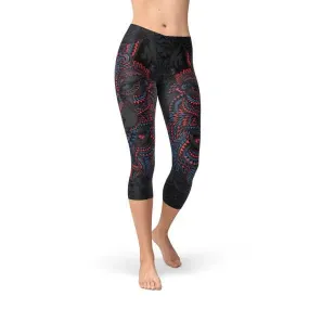 Women's Oriental Black Wolf Capri Leggings with Unique Design