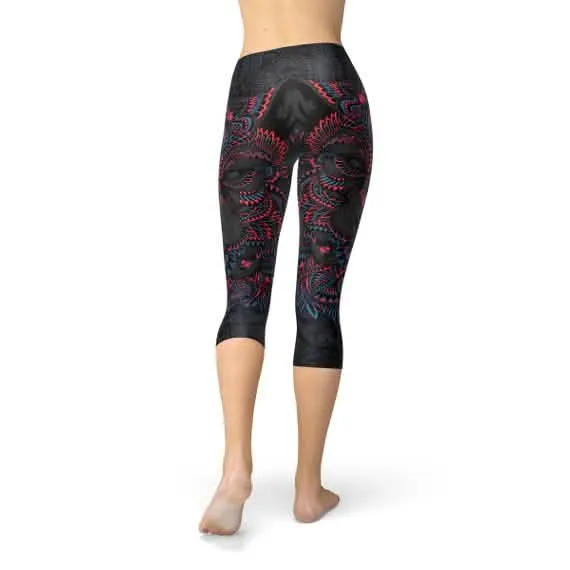Women's Oriental Black Wolf Capri Leggings with Unique Design