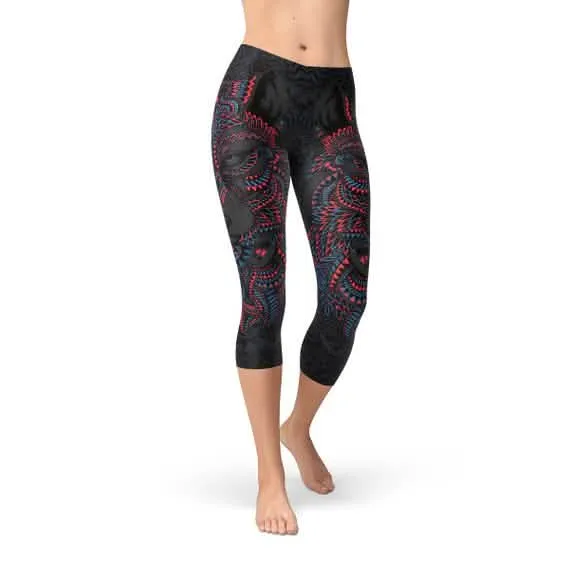 Women's Oriental Black Wolf Capri Leggings with Unique Design