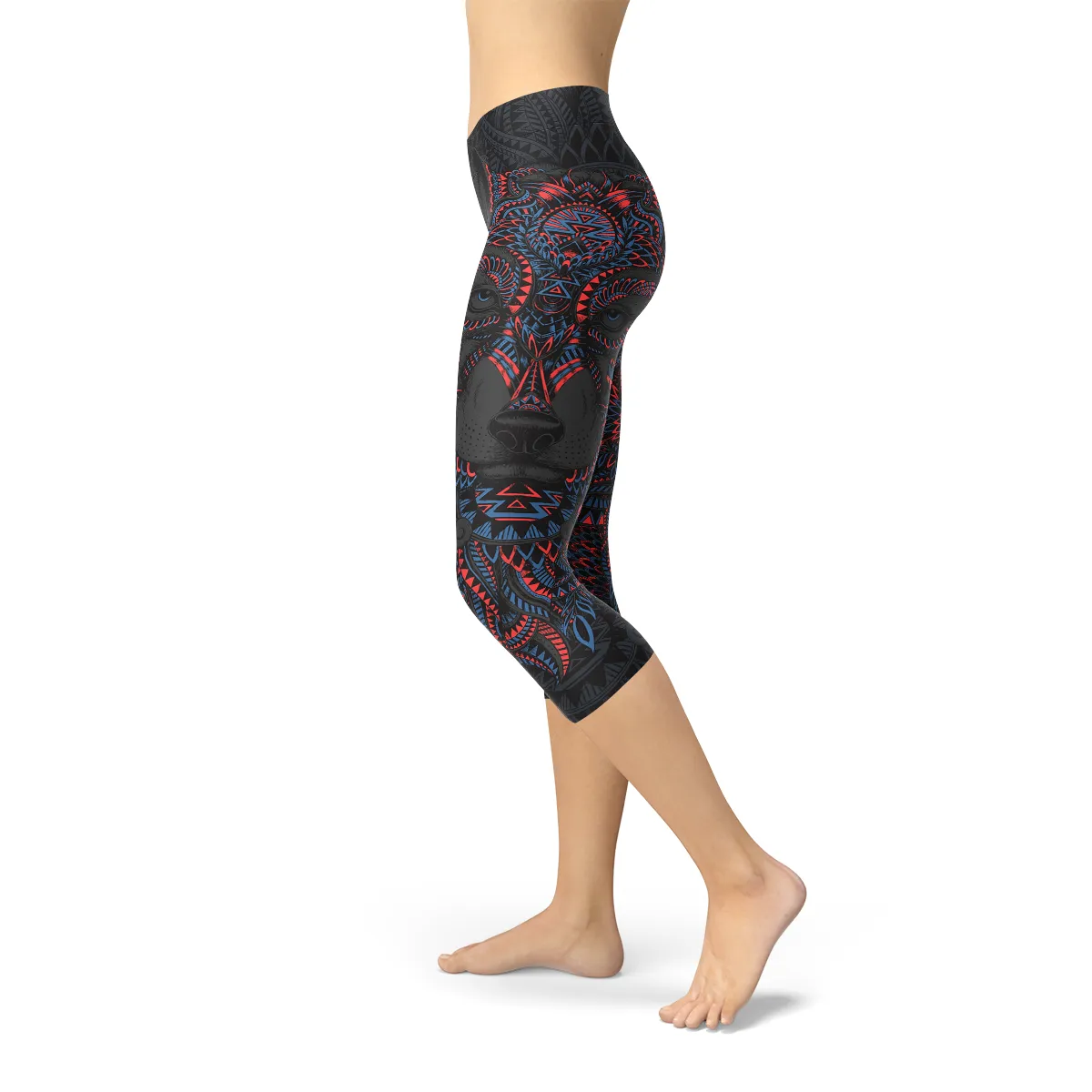 Women's Oriental Black Wolf Capri Leggings with Unique Design