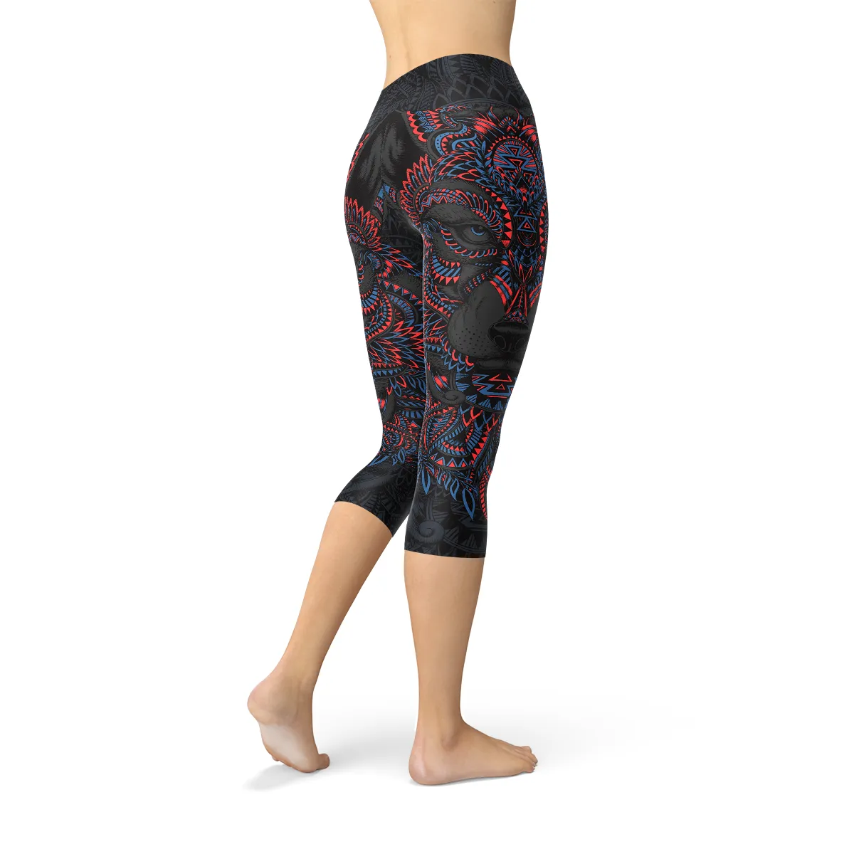 Women's Oriental Black Wolf Capri Leggings with Unique Design