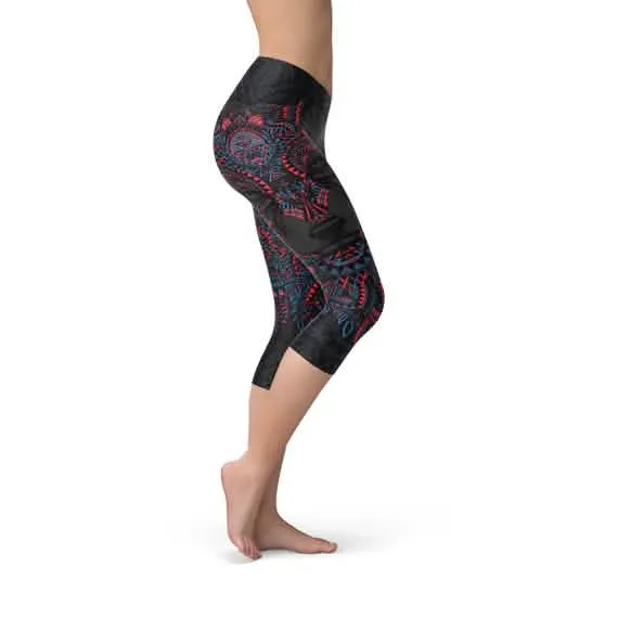 Women's Oriental Black Wolf Capri Leggings with Unique Design